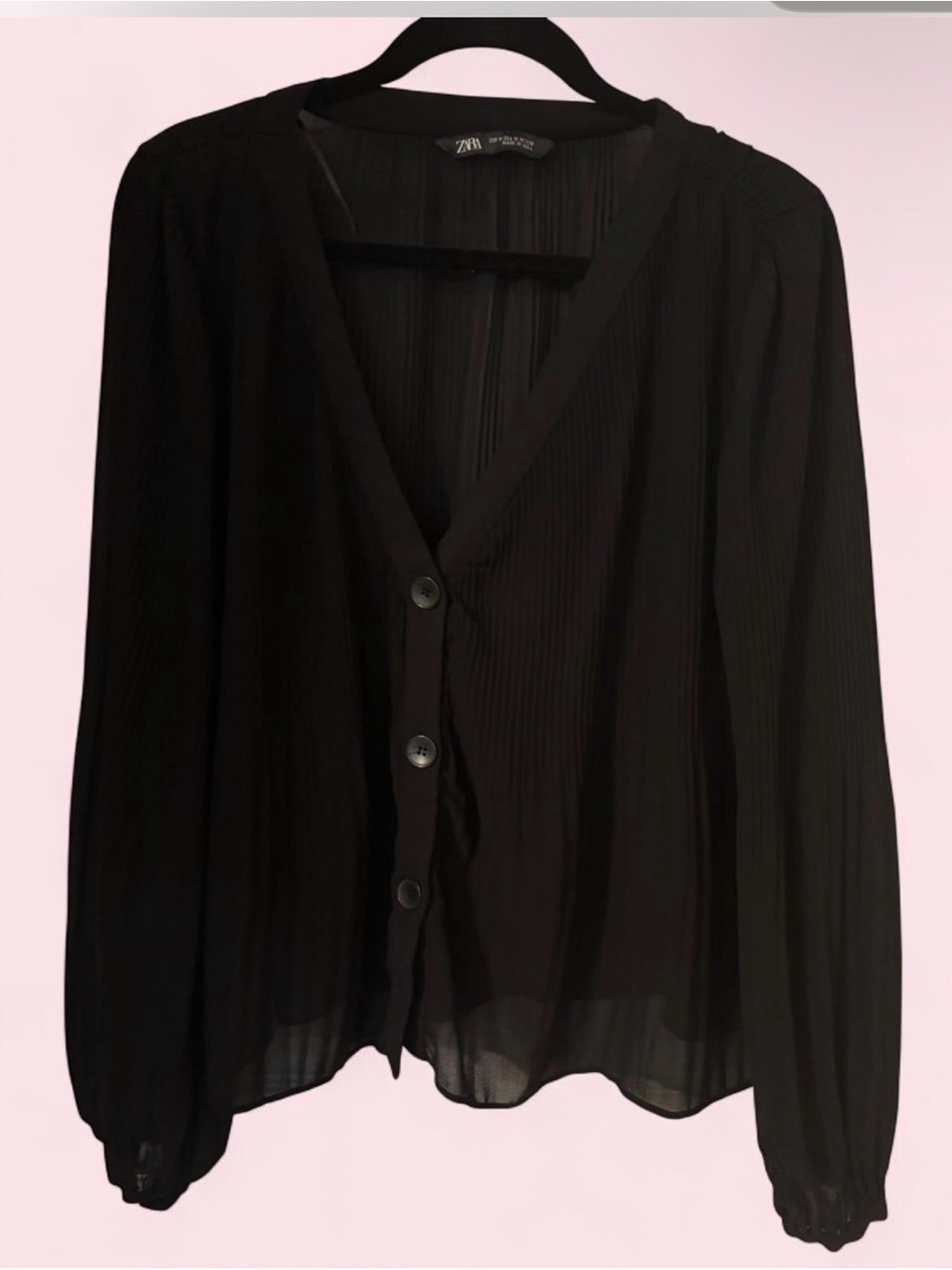 Zara Black Sheer Pleated Button-Down Blouse